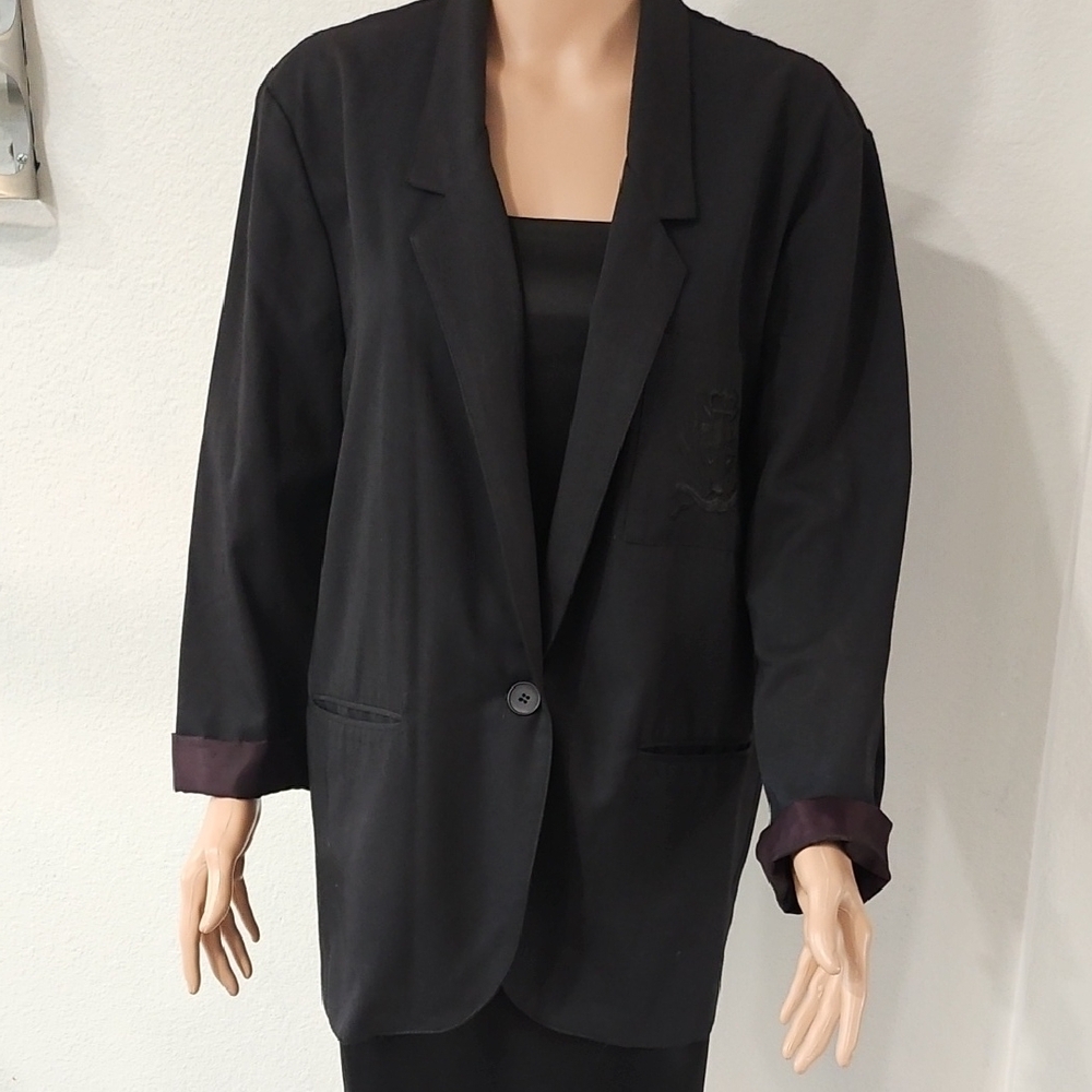David Benjamin Vintage Black Embroidered Crest Blazer M Made in USA